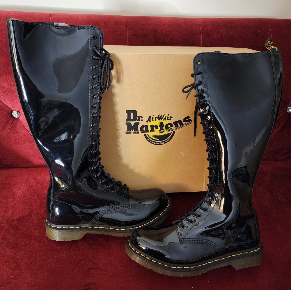 SOLD   20-eye Doc Dr. Martens Zip Black Patent Leather Boots Never Worn US10/UK8